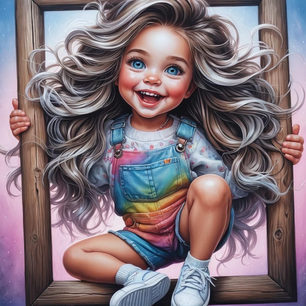 Toddler Girl Climbing Through Frame, Airbrush Caricature