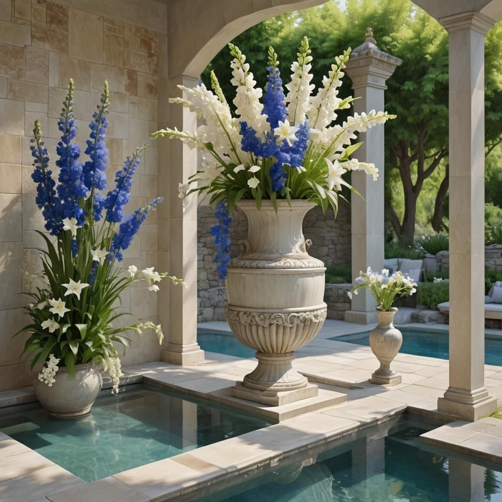 Cream Urn with Flowers by Infinity Pool