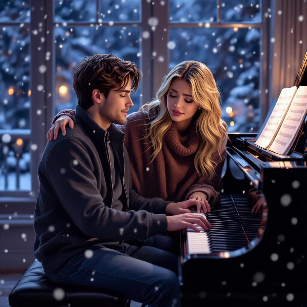 Affectionate Moment: Brunette Plays Piano for Friend