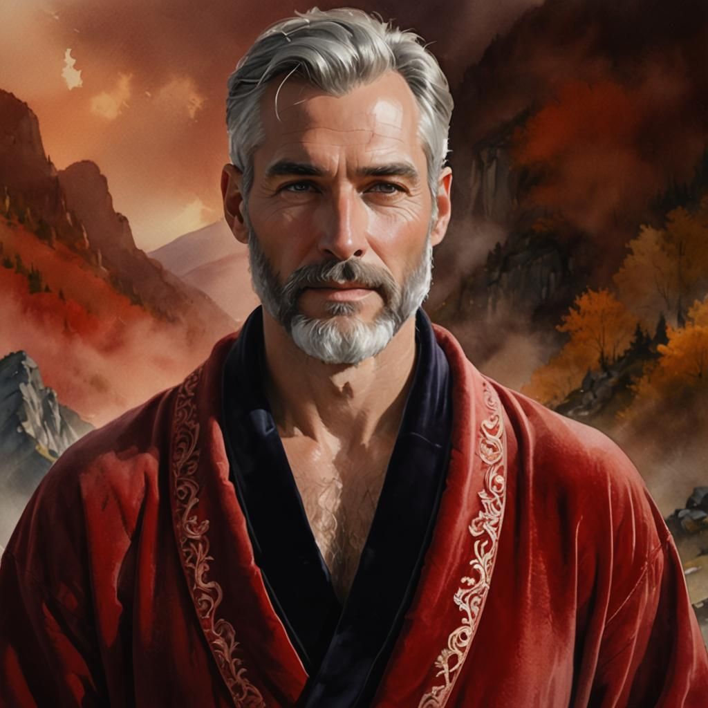 Pensive Man in Red Robe, Watercolor Impressionism