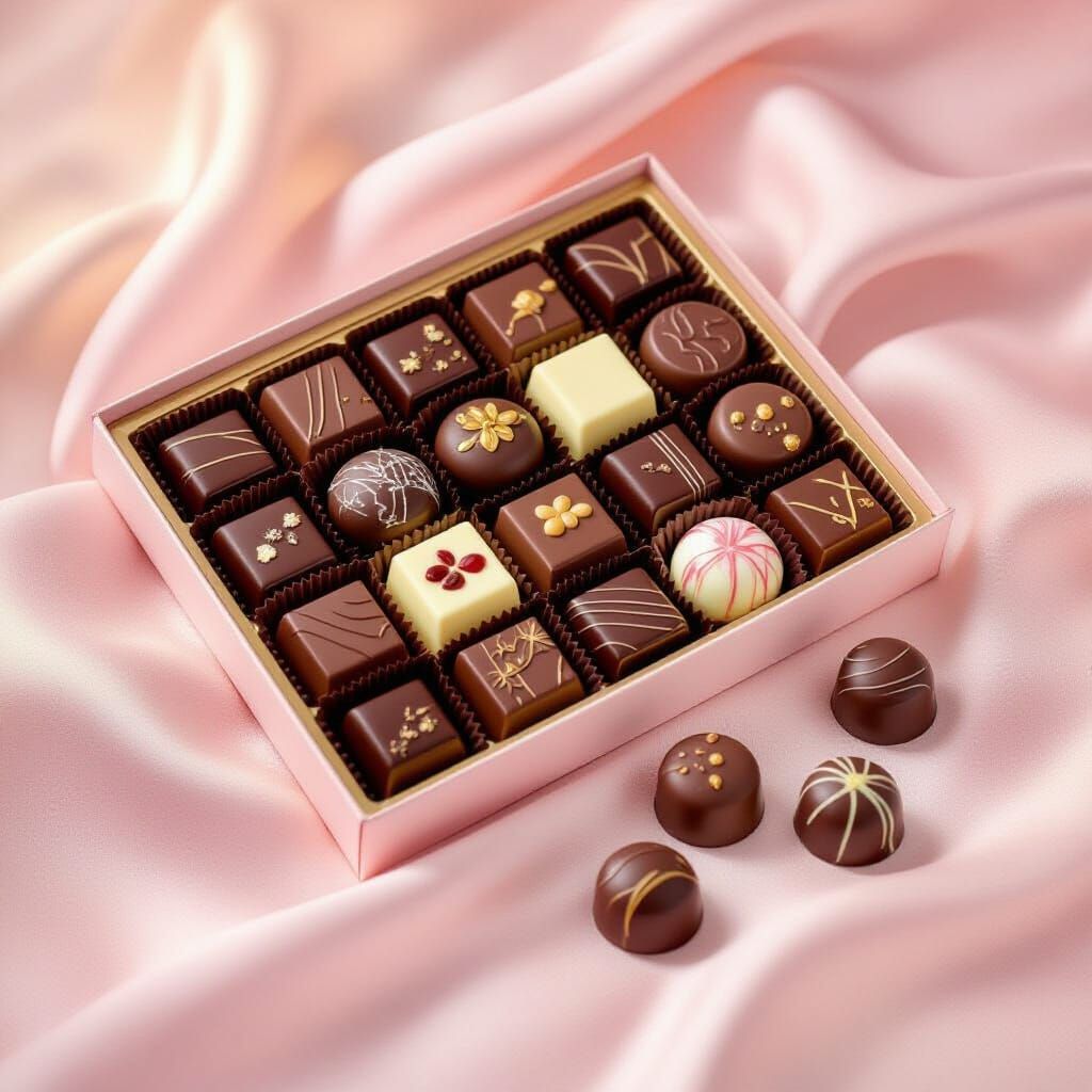 Assorted Chocolates on Pink Satin in Abstract Style