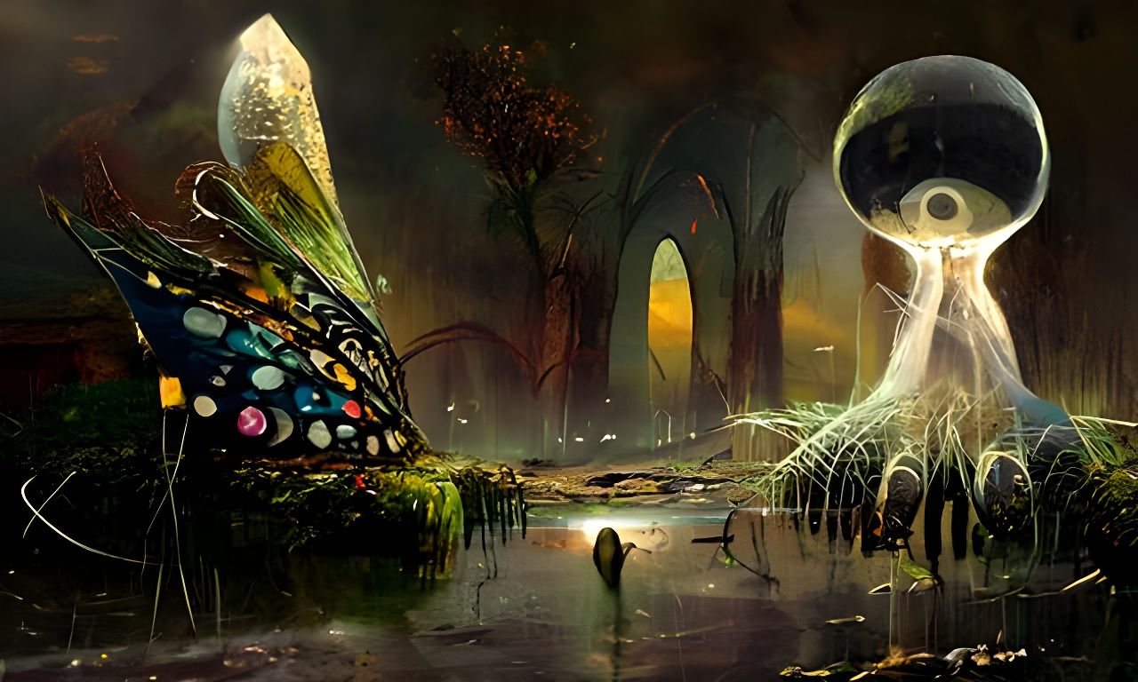 Mystical Mushrooms and Dragonfly in Fairytale spider web by Odilon Redon, Zdzislaw Beksinski 8k resolution trending on a...