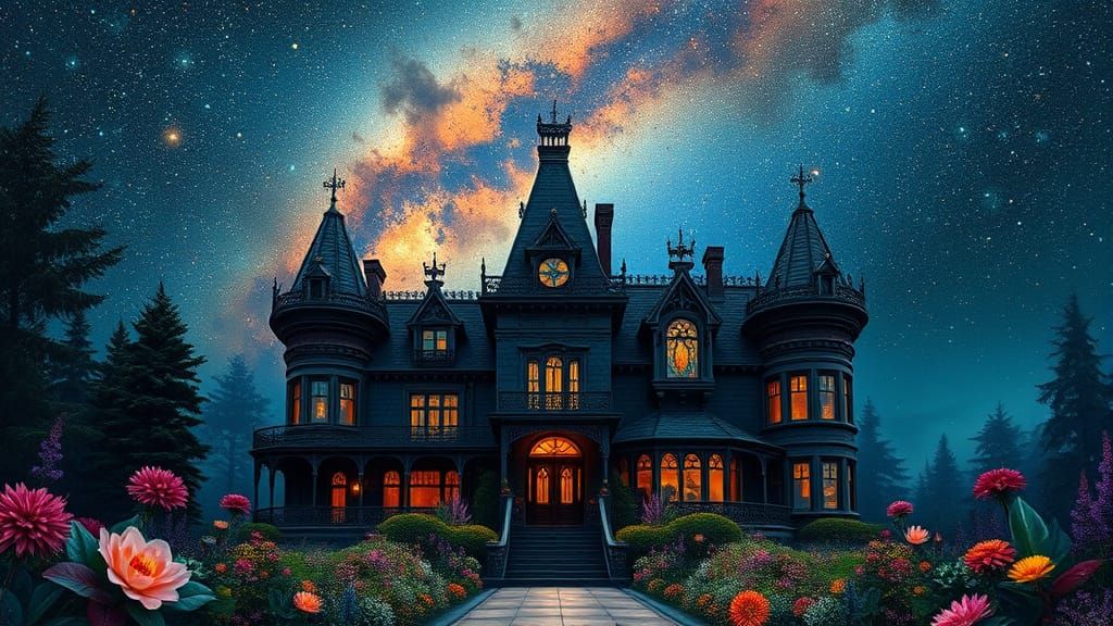 Majestic Victorian Mansion in a Surreal, Cosmic Landscape