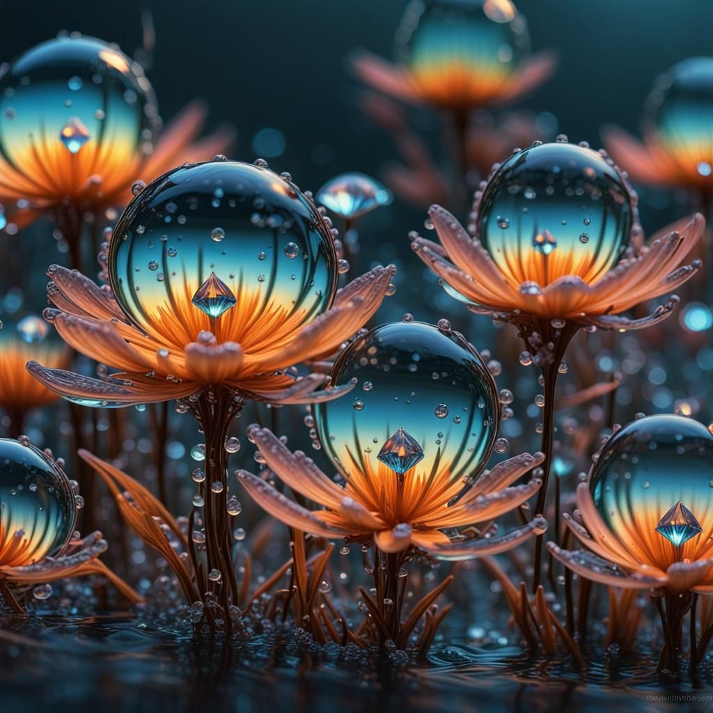 Sunset Water Droplet with Bioluminescent Flora, 3D Render