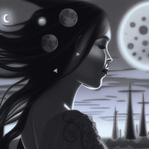 Solarpunk Woman in Cosmic Moonscape: Elegant Ink Drawing