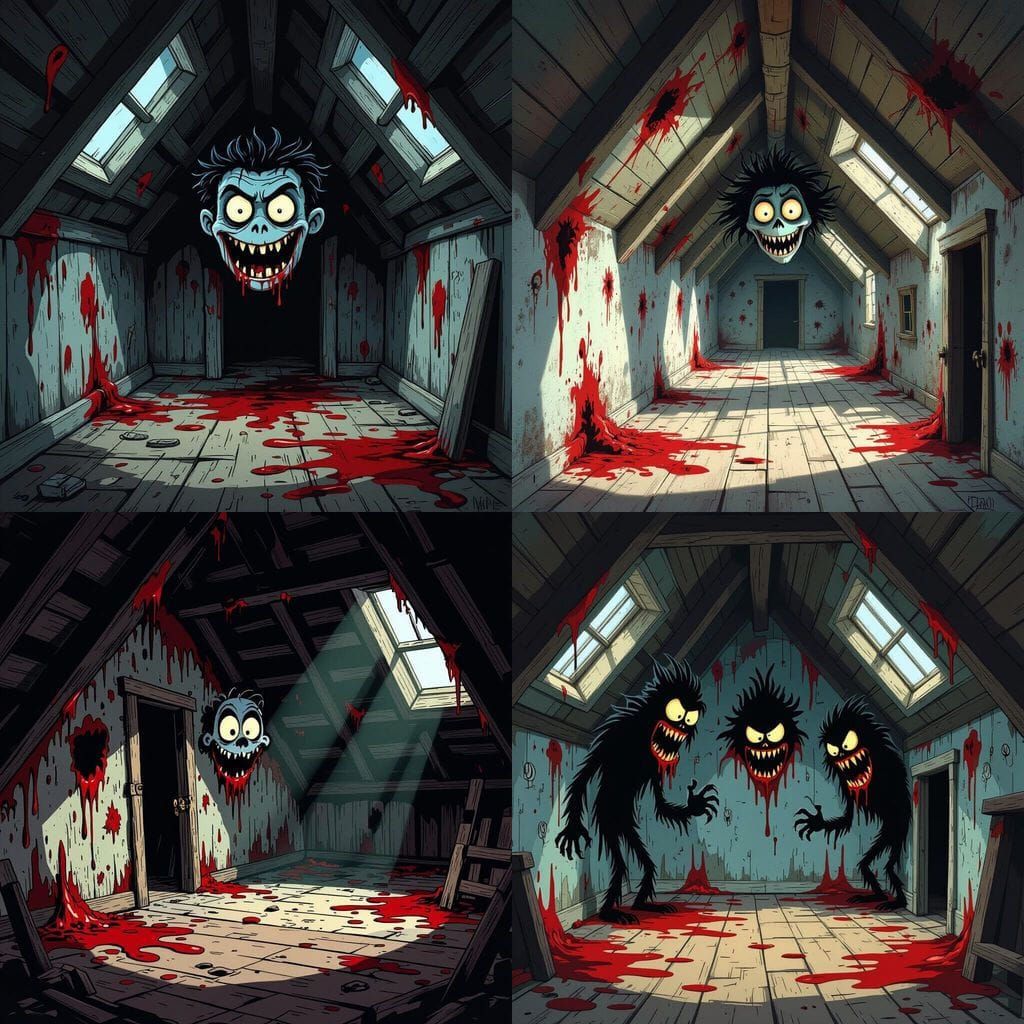 Grotesque Attic Walls Closing In, Dark Cartoon Horror