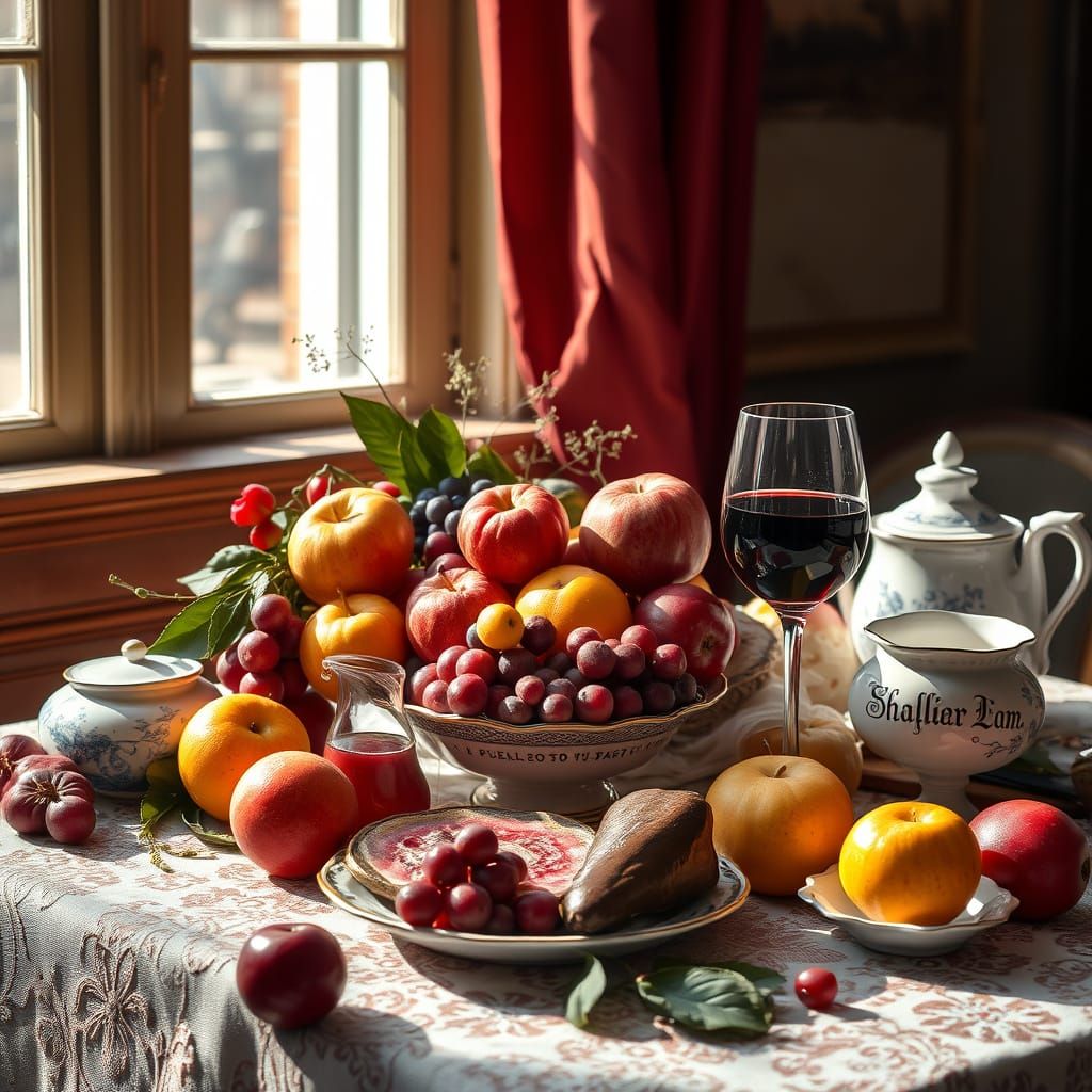 Whimsical Dutch Golden Age Still Life with Rich Fruits and V...