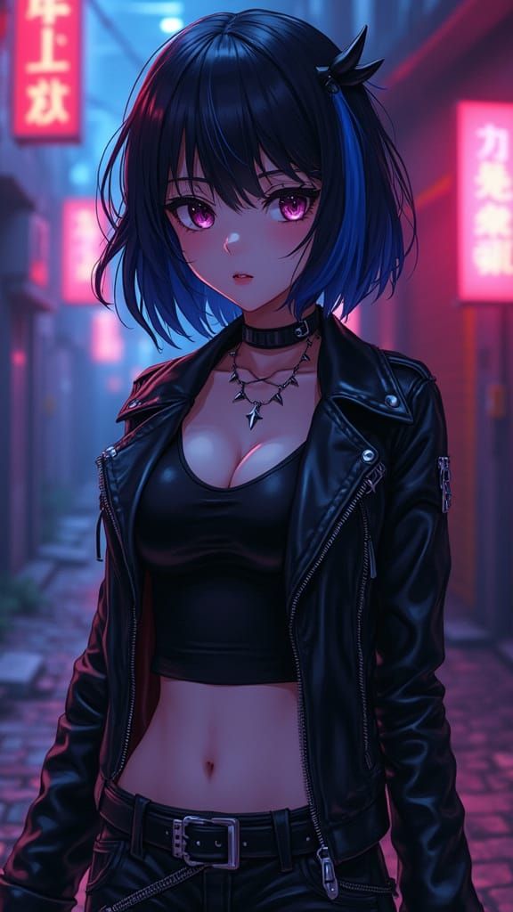 Gothic Woman in Neon Alleyway: Cel-Shaded Anime Art