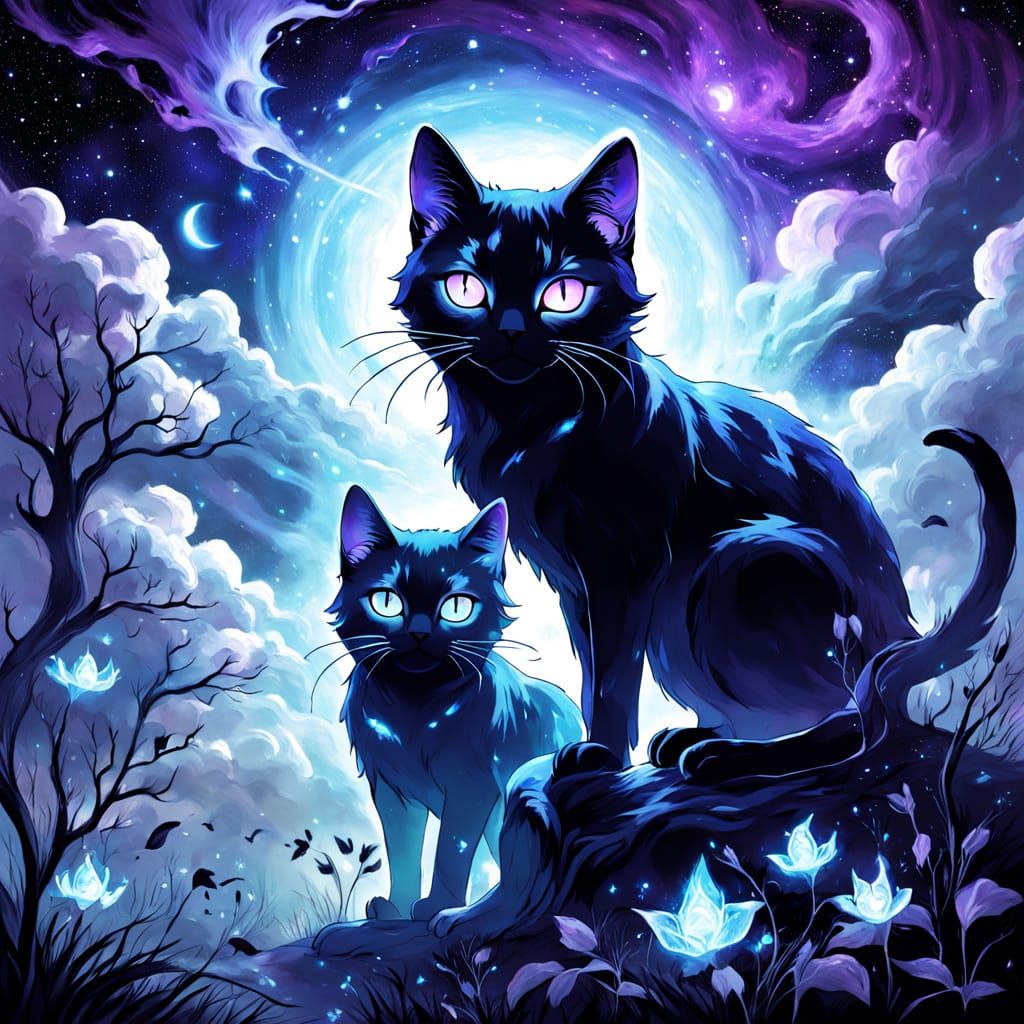 Two Ghostly Cats in Cosmic Starry Night Sky