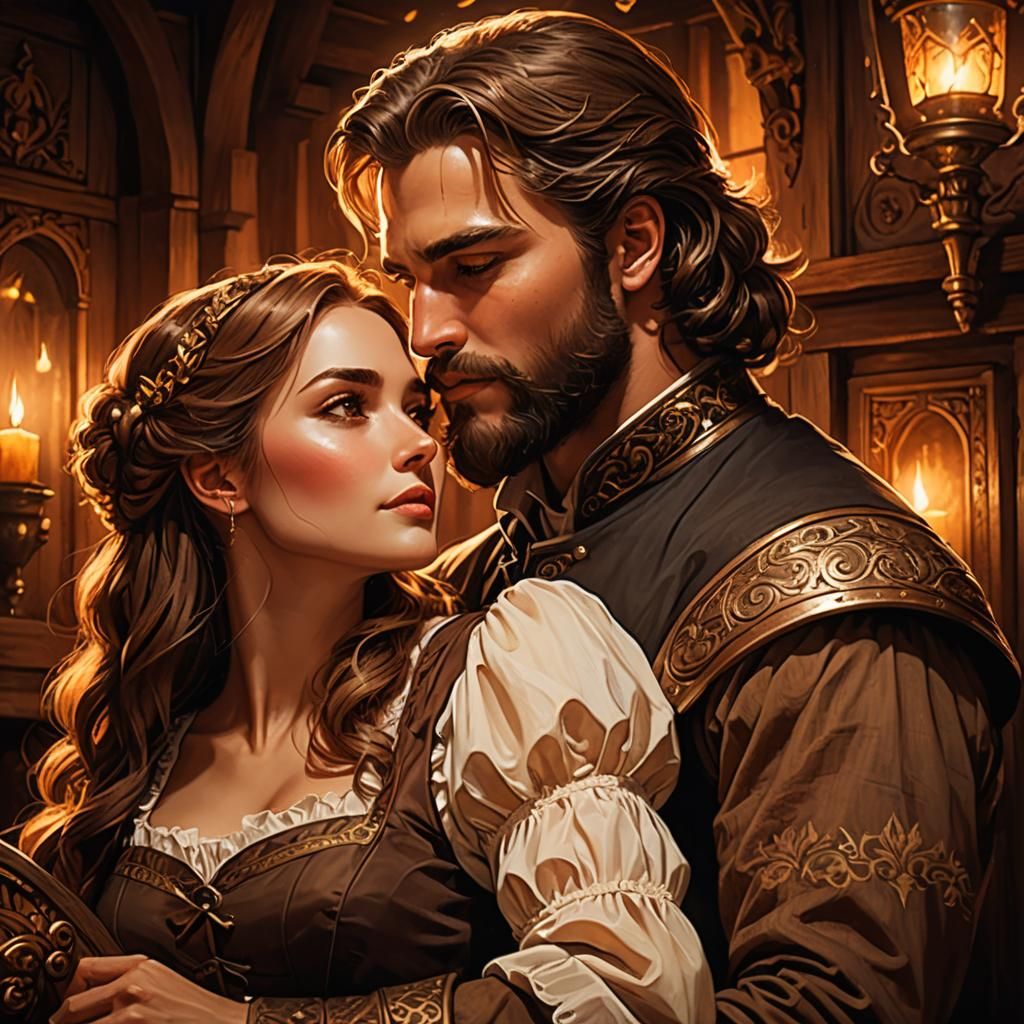 Romantic Kiss in Fantasy Chariot, Impressionist Illustration