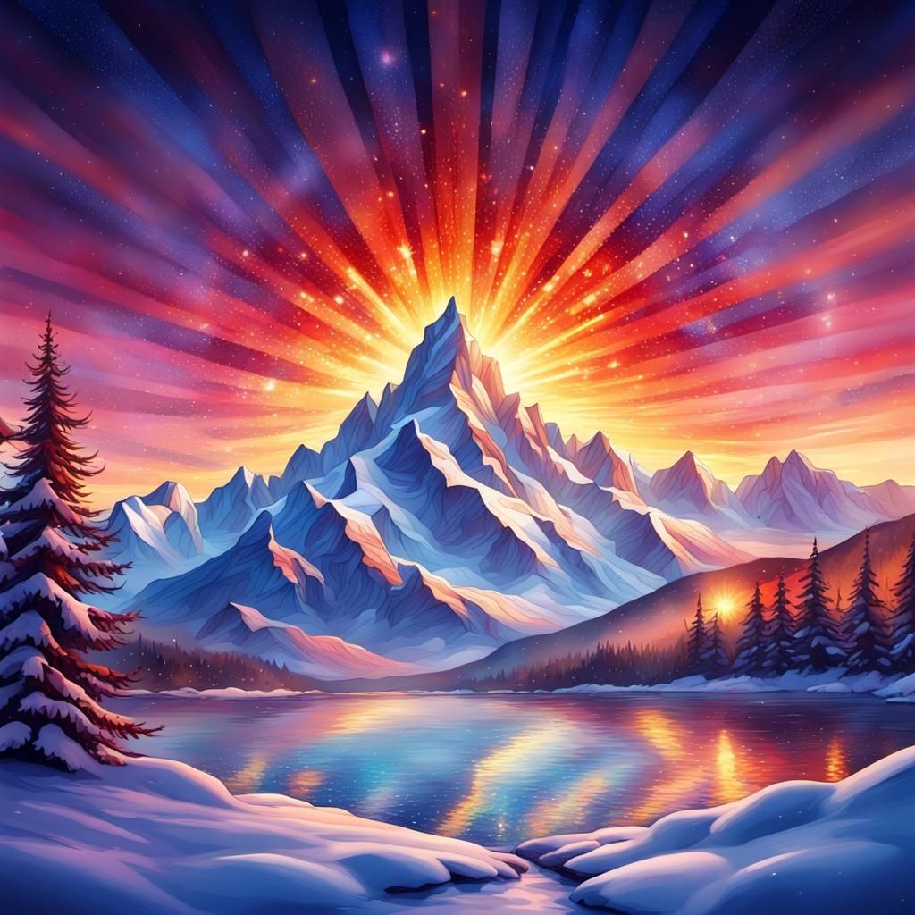Sparkling Stained Glass Dawn Over Snowy Mountains
