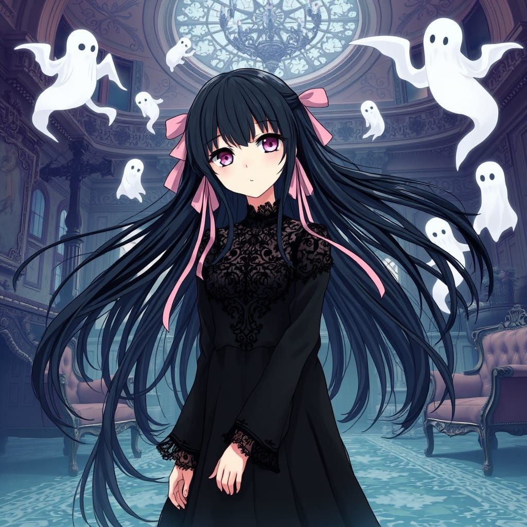 Anime Girl in Haunted Victorian Mansion with Ghostly Apparit...