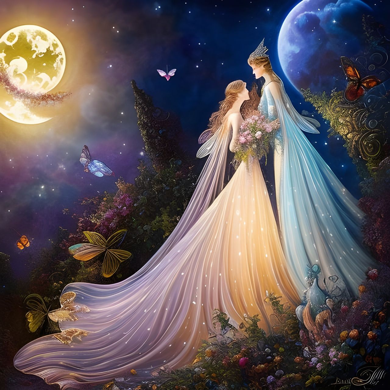 Moon Fairies Embrace in Rococo Storybook Illustration