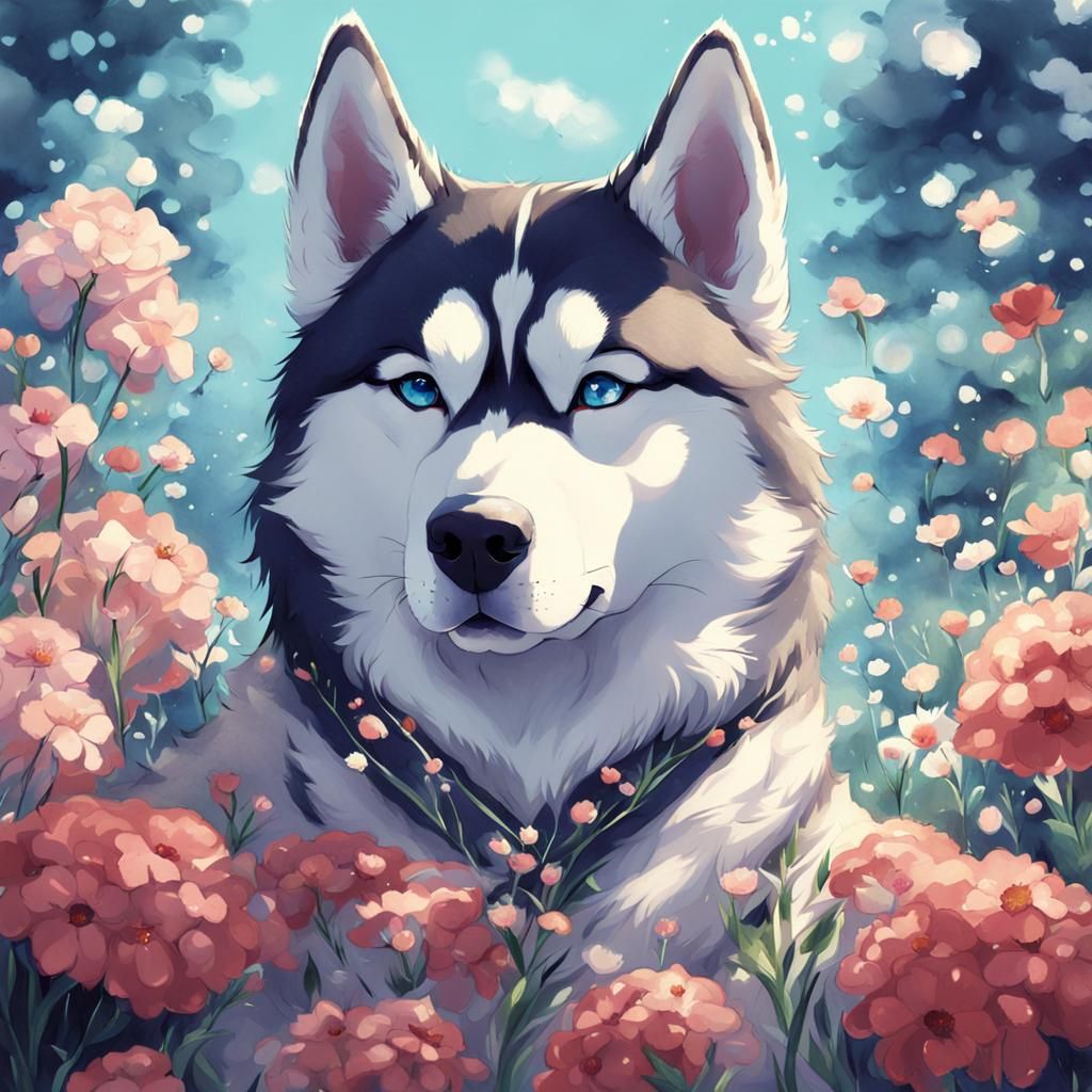Husky Dog with Flowers in Anime Style