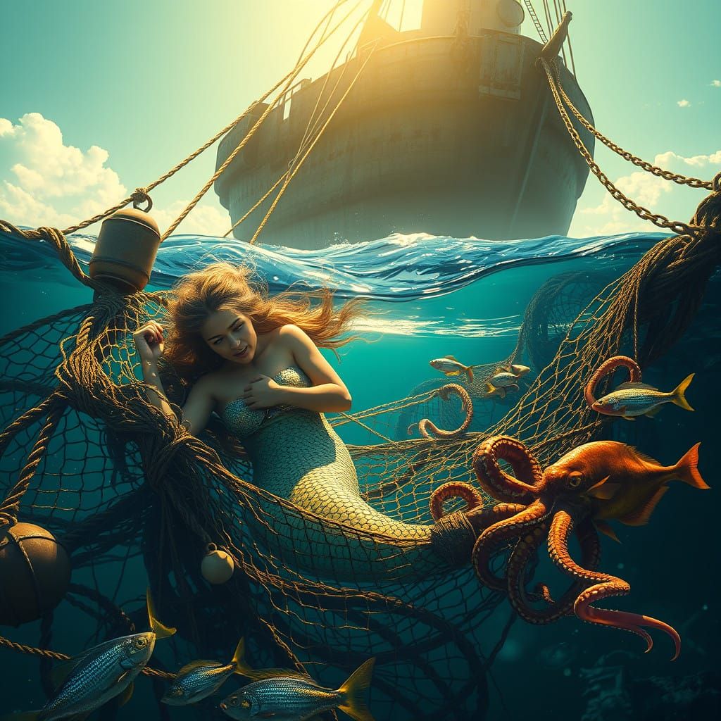 Mermaid Trapped in Fishing Net in Vibrant Fantasy Scene