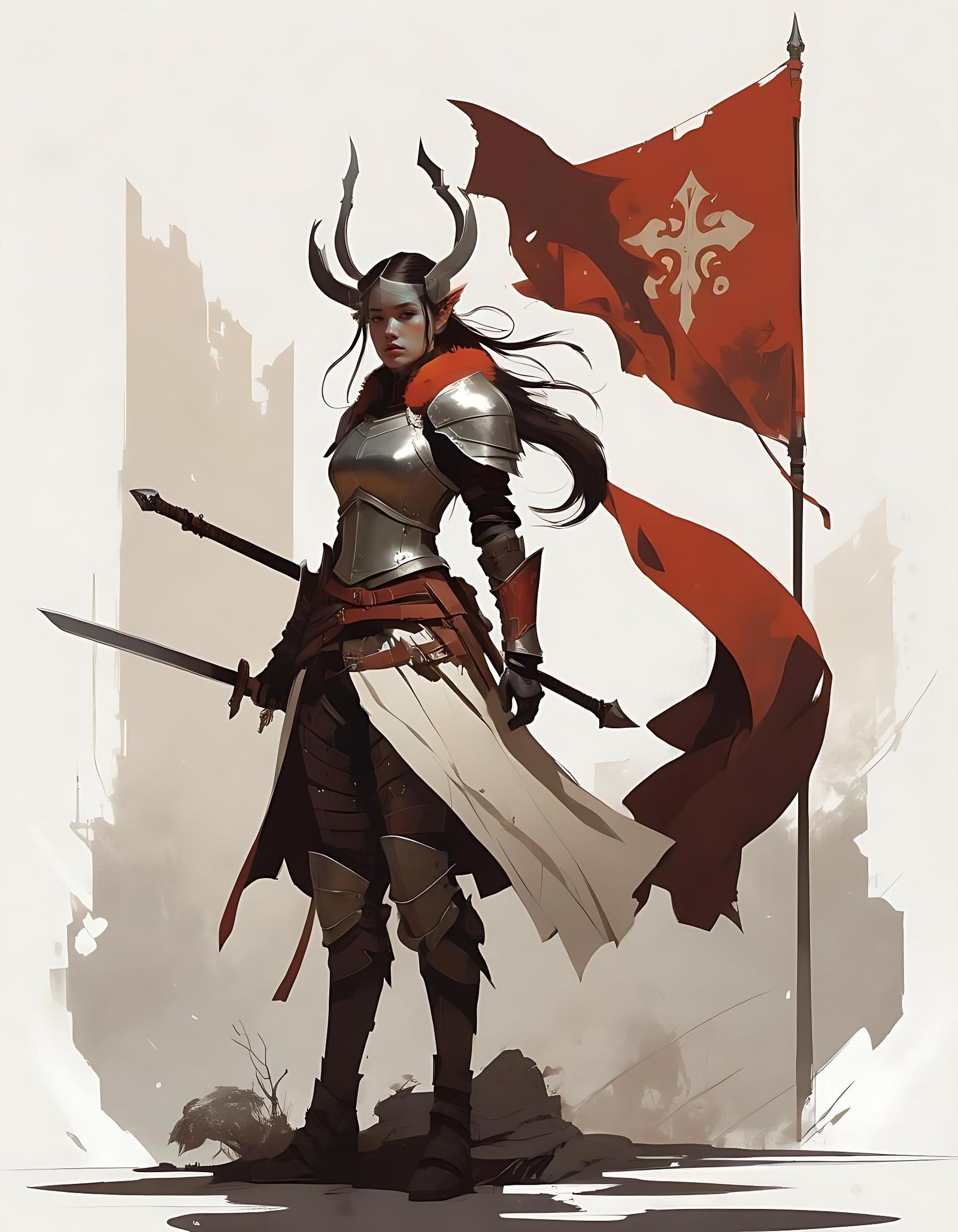 Grungy Female Knight with Floating Hair