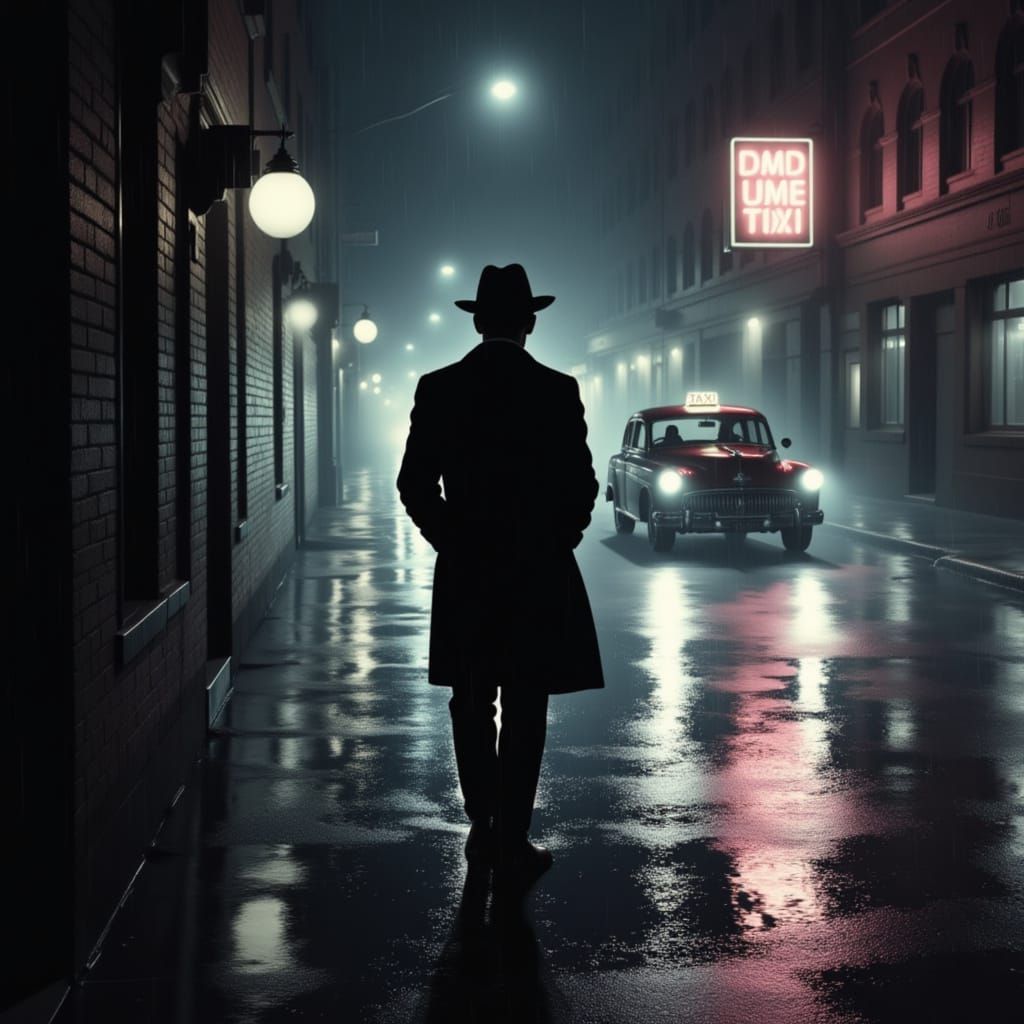 Lone Man in Trench Coat on Rainy Street Waiting for Taxi