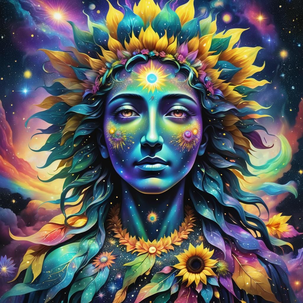Rainbow Sunflower God in Astral Cosmic Illustration