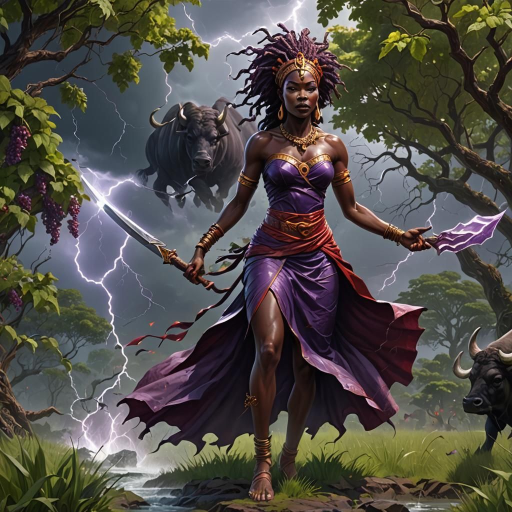 Powerful African Goddess Oya in Storm with Lightning
