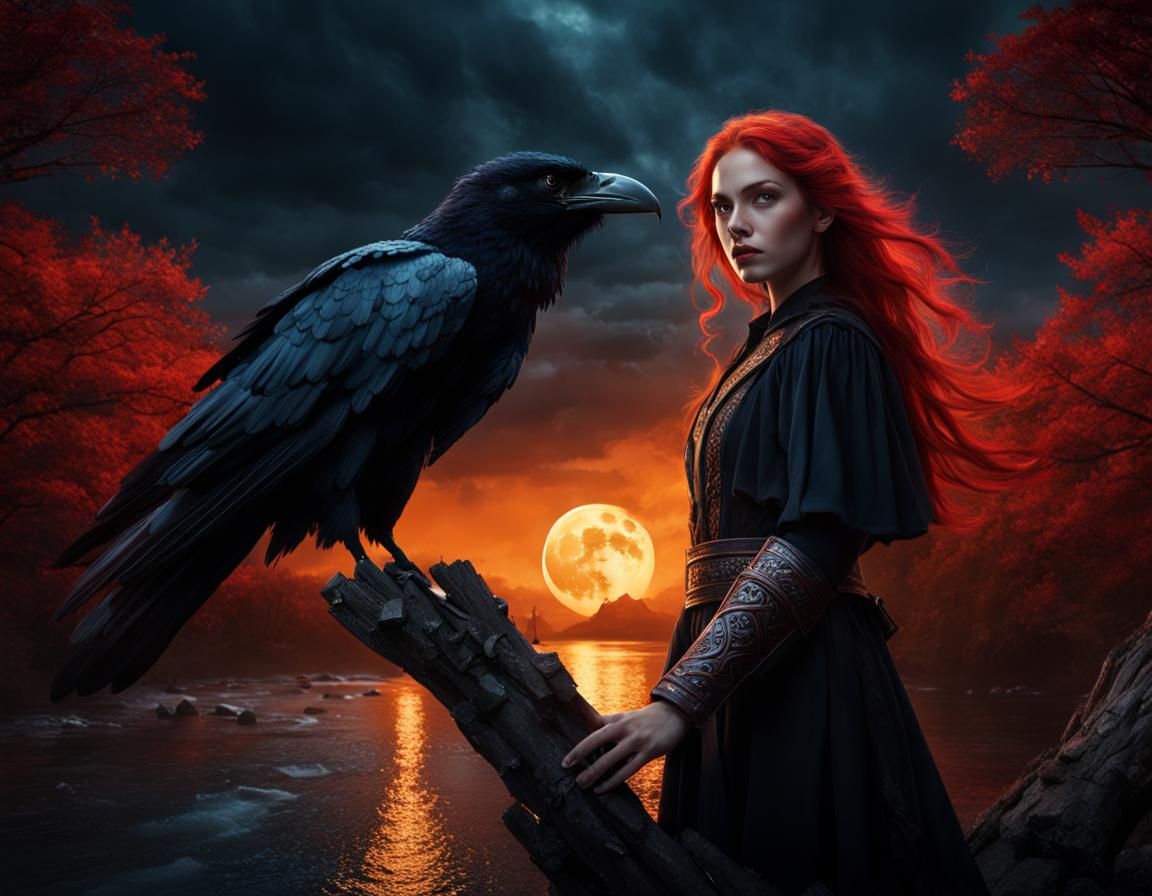 Druid Woman Transforms Into Raven Under Blood Moon