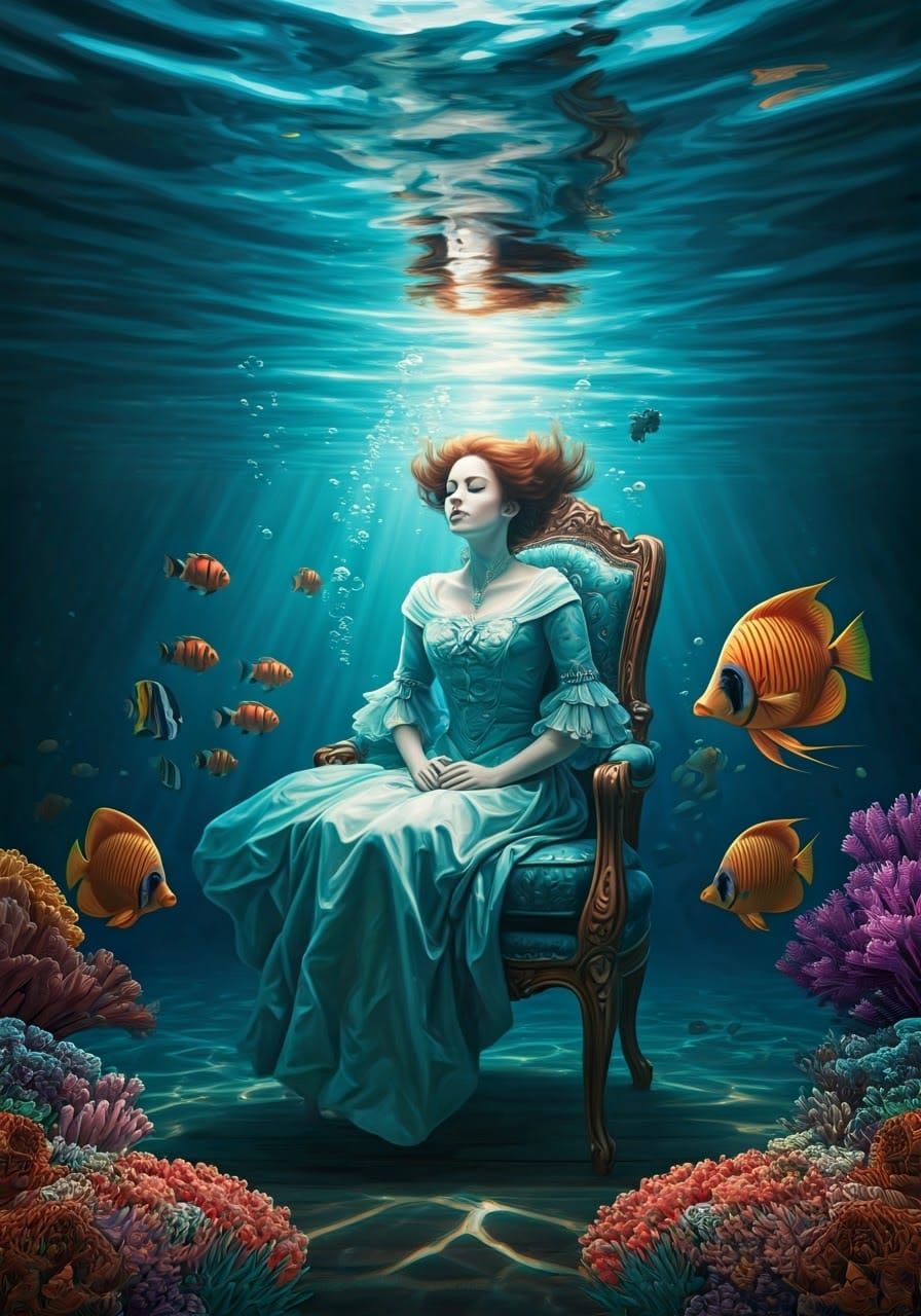 Surreal Underwater Woman in Antique Chair Oil Painting