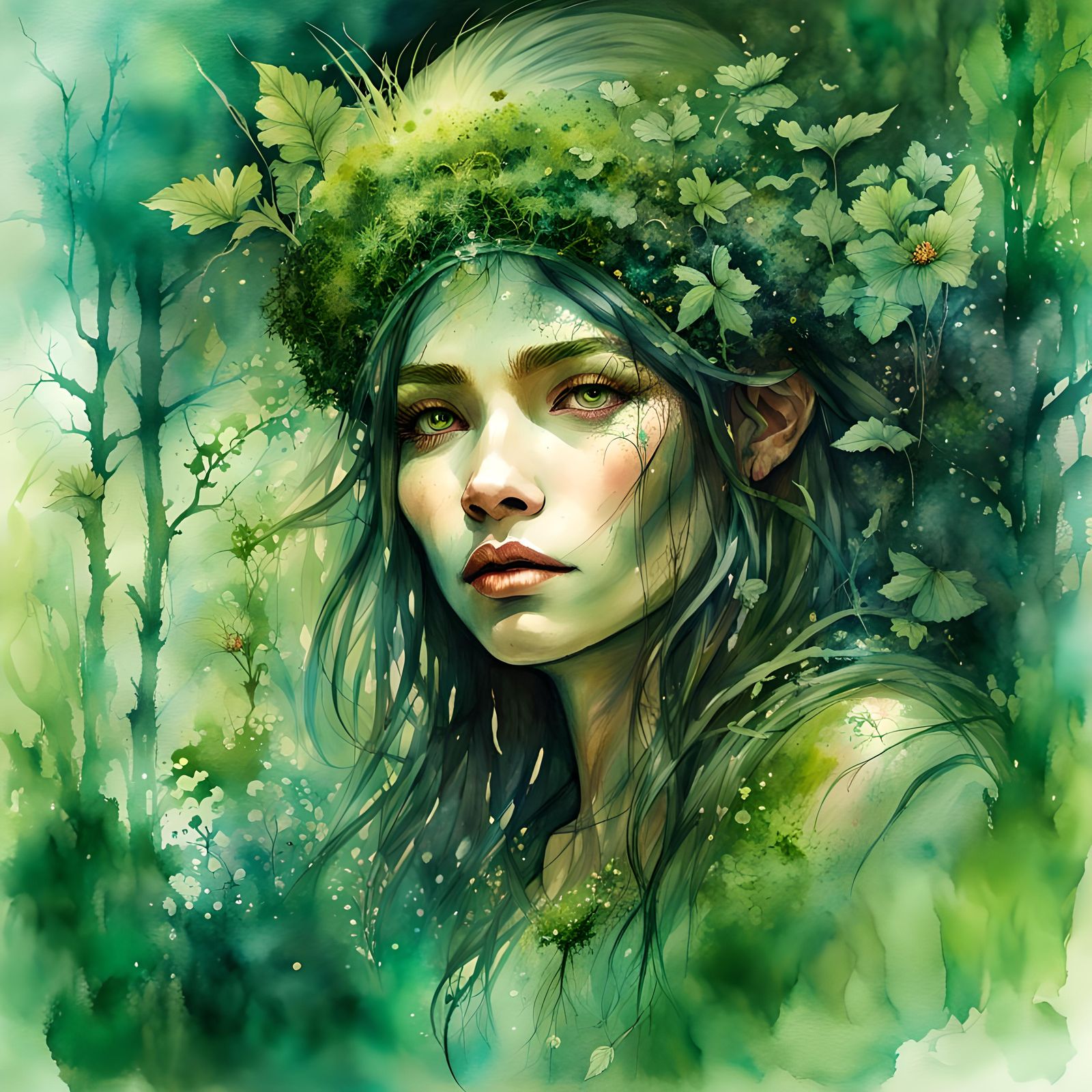 Seductive Troll Woman in Jungle Watercolor Fairytale