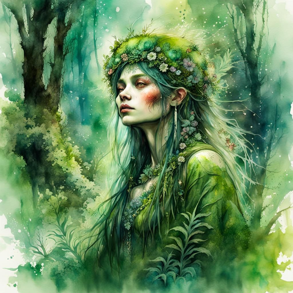 Watercolor Troll Woman in Magical Jungle
