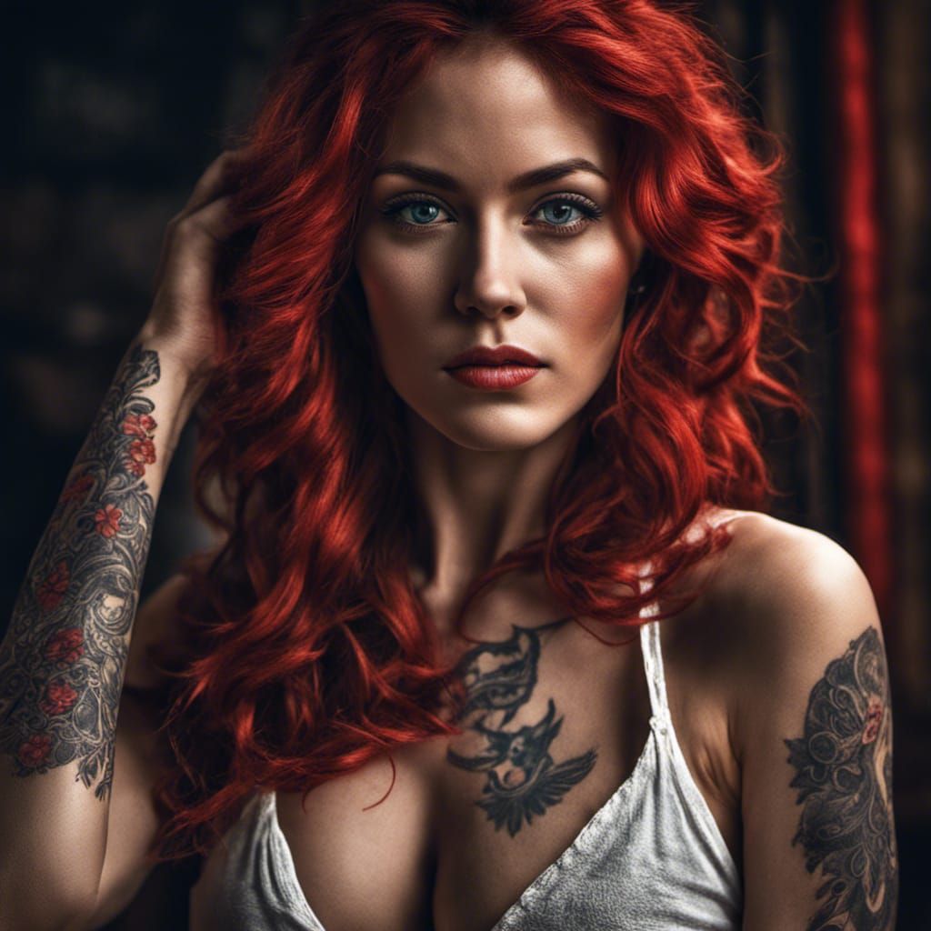 Sensual Red-Haired Woman with Tattoos: Hyperrealistic Portra...