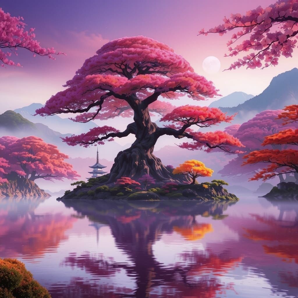 Sakura Tree Amidst Vibrant Colored Mist