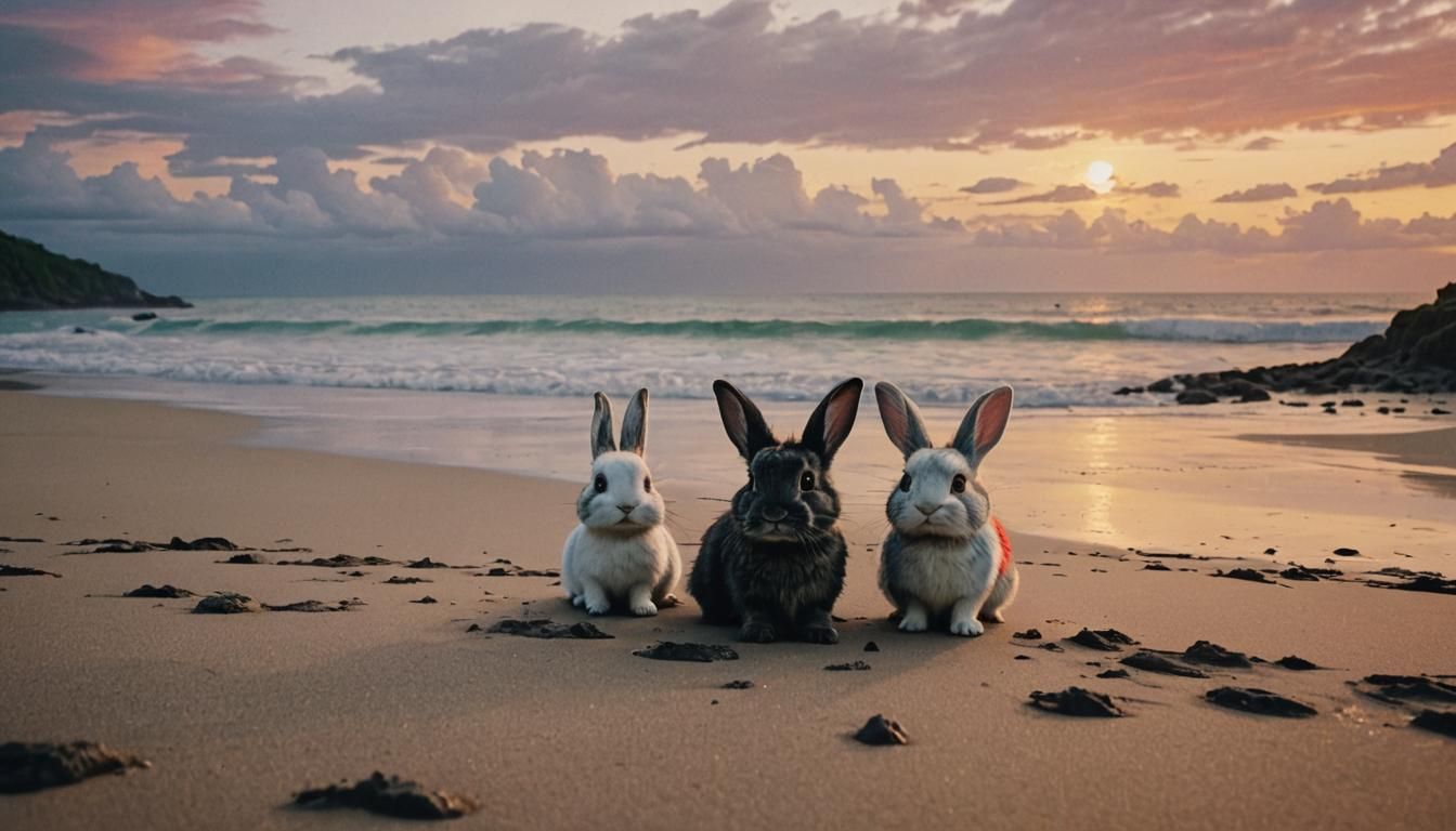 Chibi Rabbit at Rainbow Beach Sunset Ink Drawing