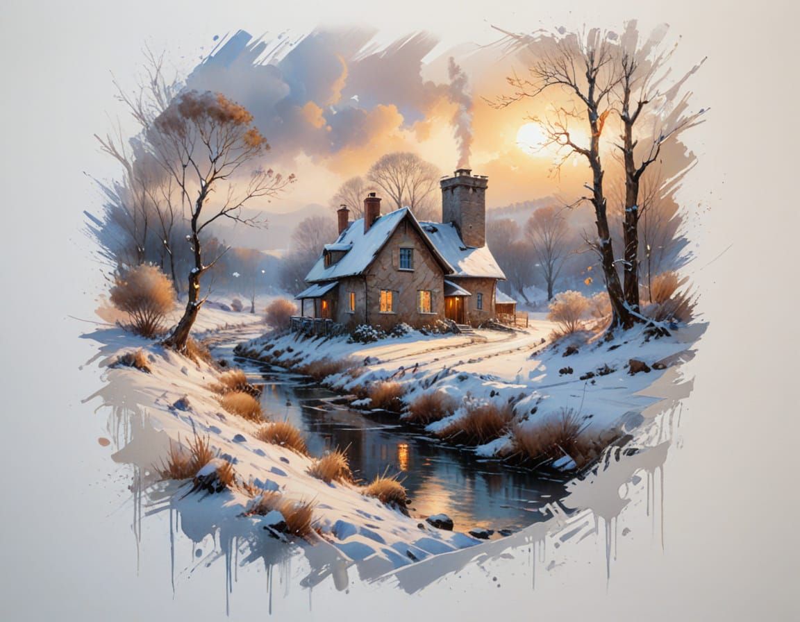 Serene Winter Valley with Distant Cottage in Impressionistic...