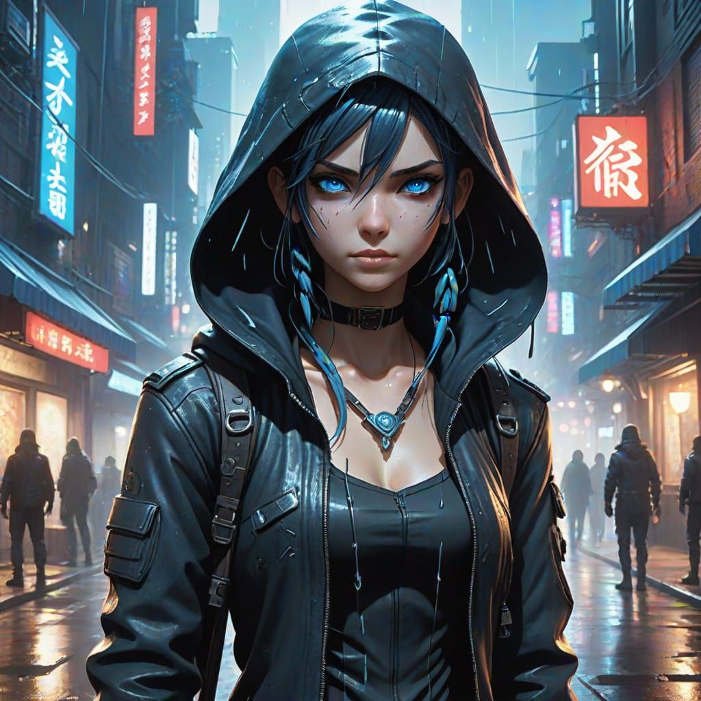 Cyberpunk Female Thief in Rainy Metropolis