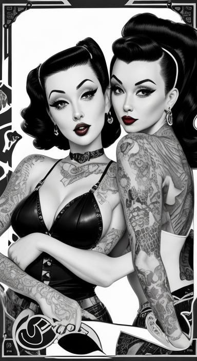 Vintage Pin-Up Photo of Tattooed Women in Black and White