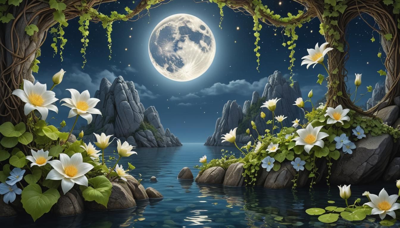 Moonlit Moonflowers in Fantasy Landscape
