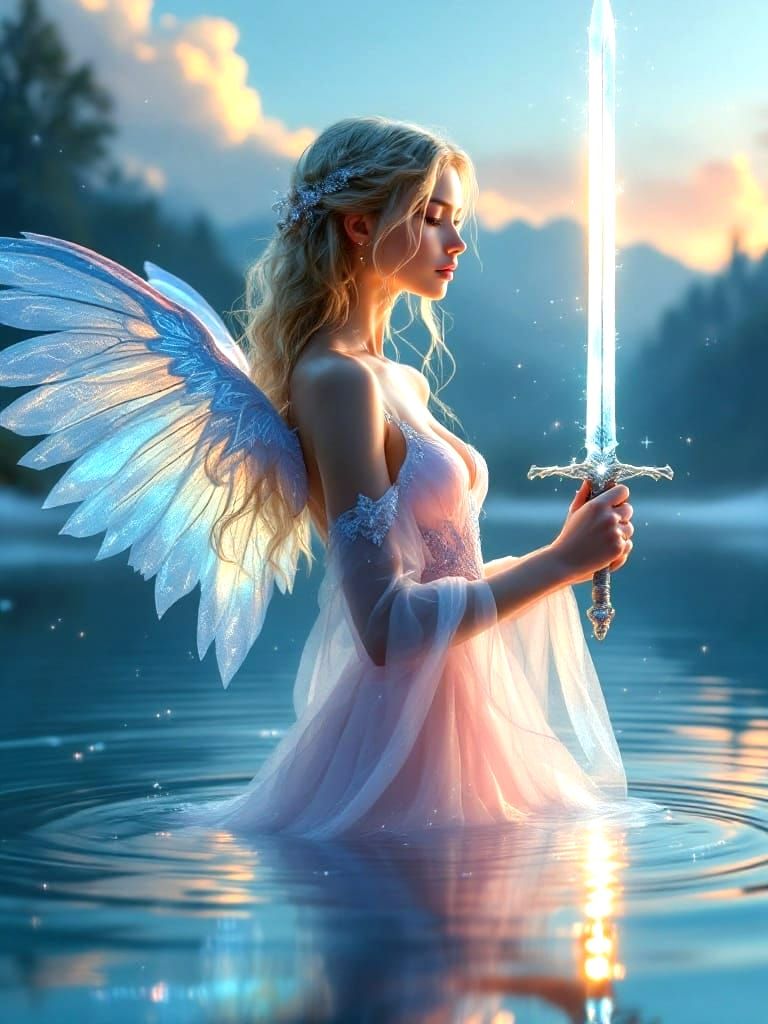 Ethereal Goddess of the Lake in Vibrant Sunset