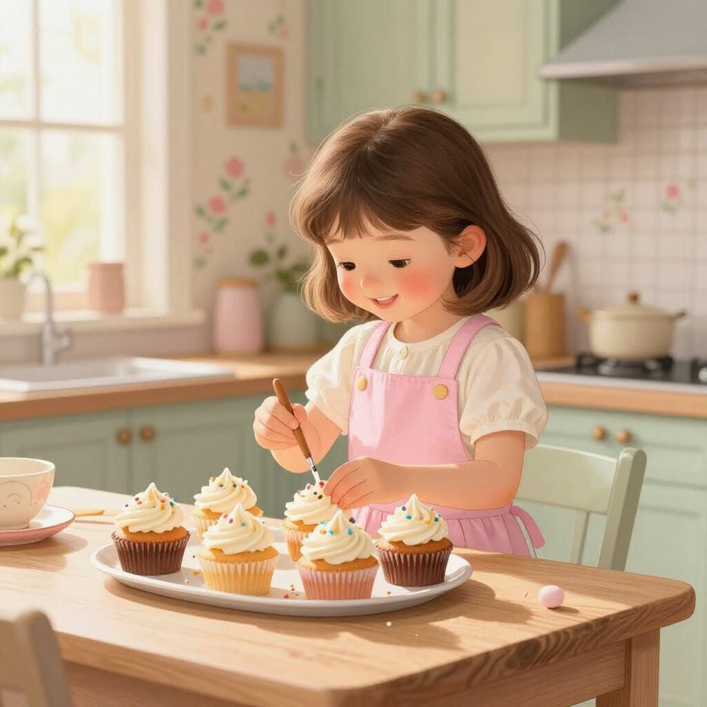 Whimsical Girl Decorating Cupcakes in Pastel Kitchen