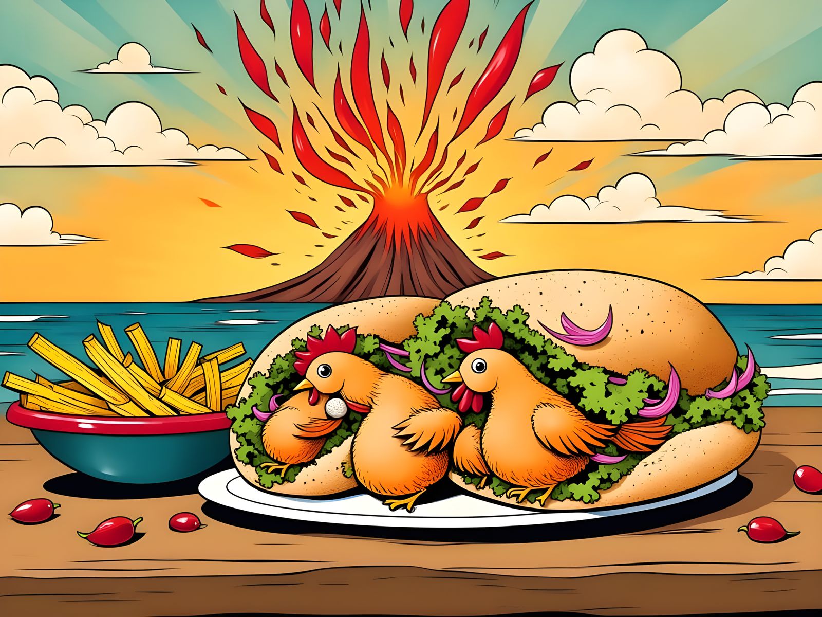 Whimsical Chickens in a Retro Pita Scene