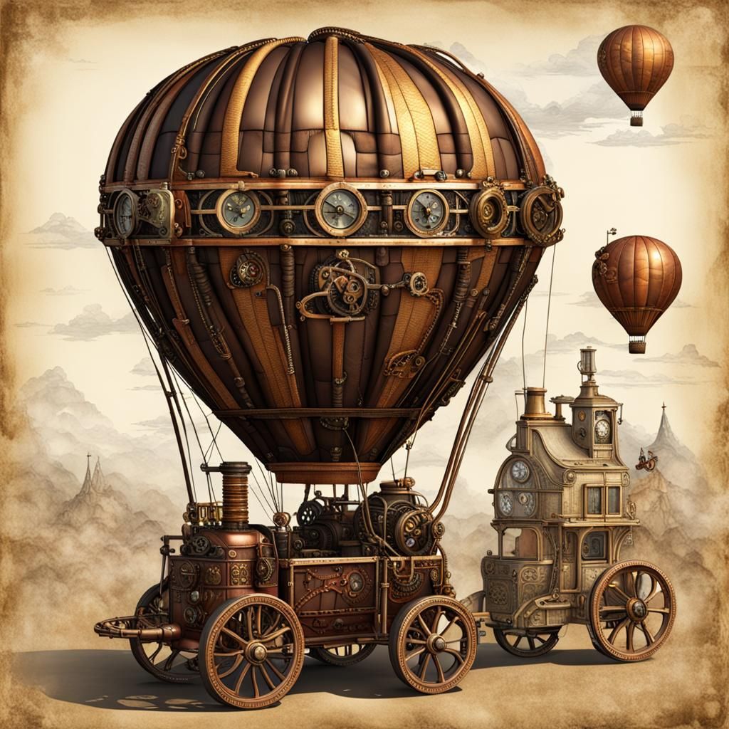Steampunk Hot Air Balloon with Intricate Engine