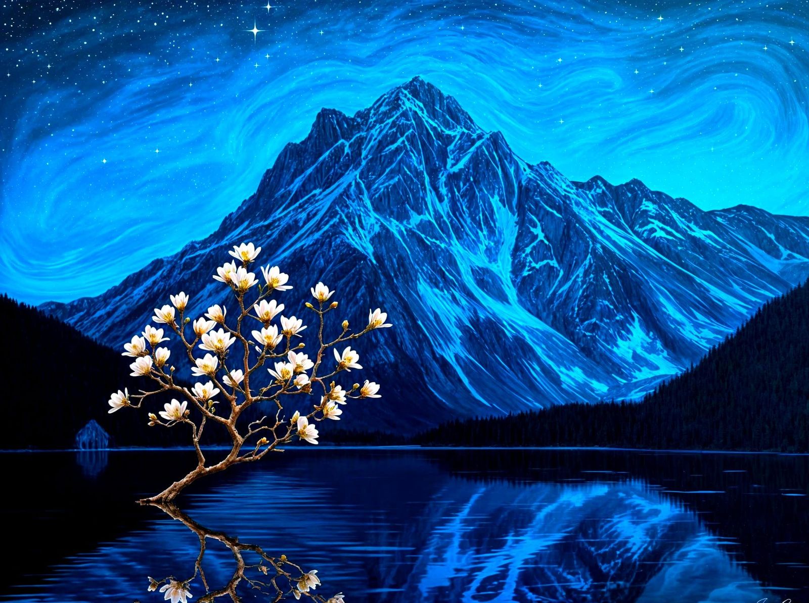 Majestic Mountainscape at Dusk with Starry Night Sky and Ser...