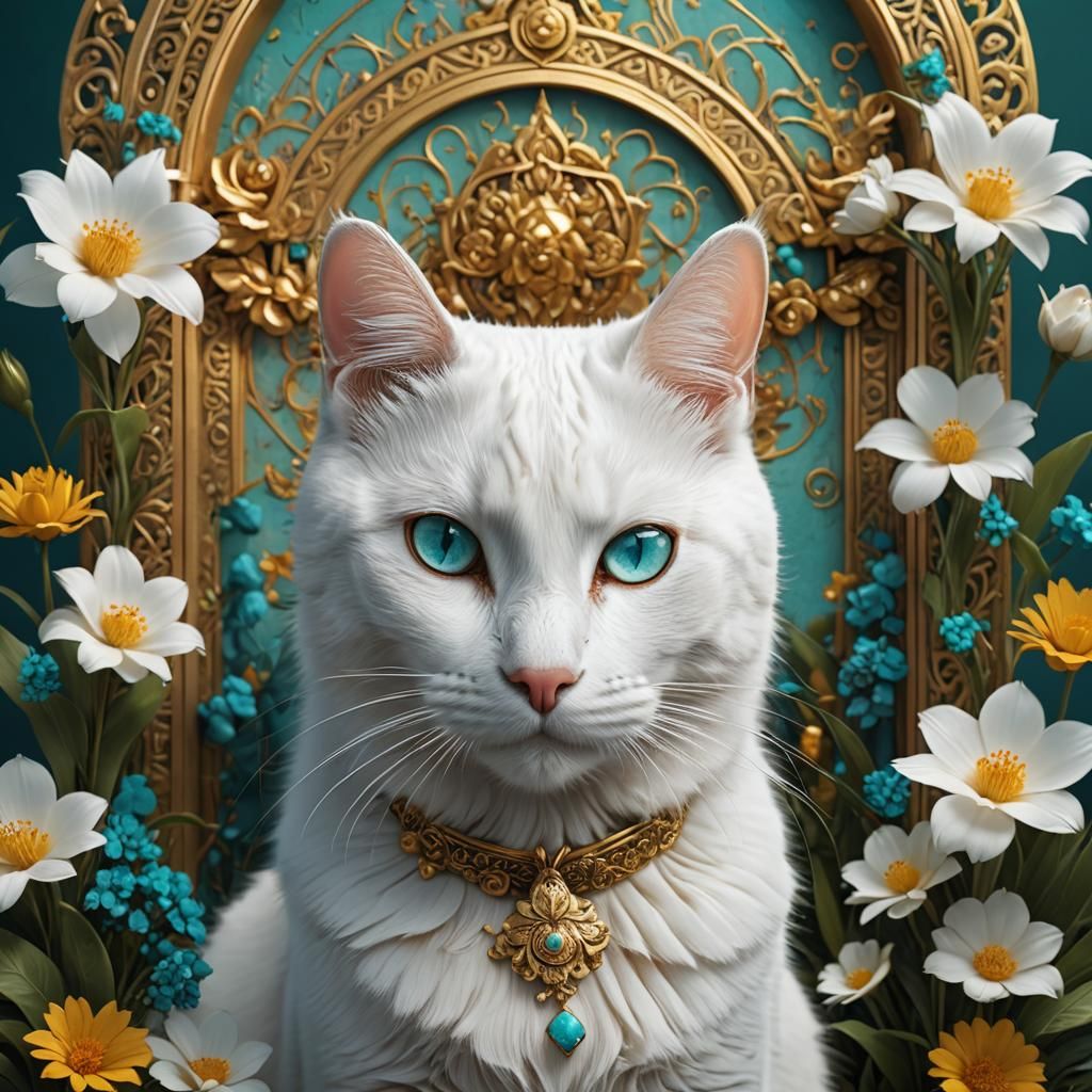 White Cat with Turquoise Eyes, Fantasy Art
