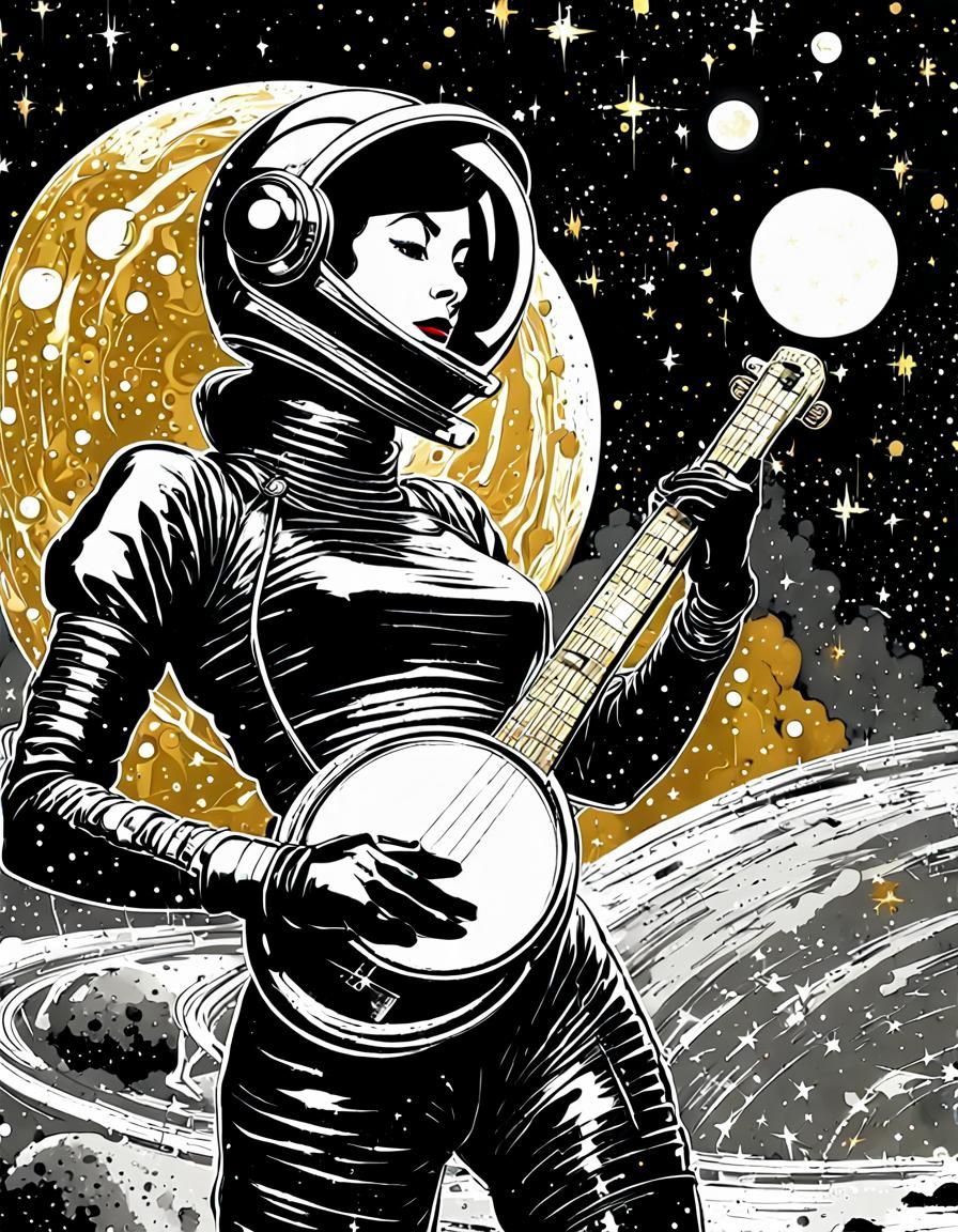 Retrofuturistic Space Woman Banjo Player in Comic Style
