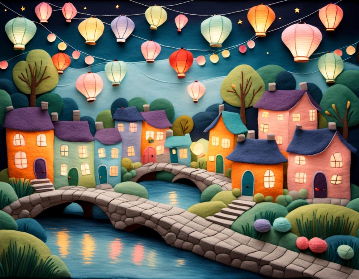Cozy Felt Village Scene With Floating Lanterns