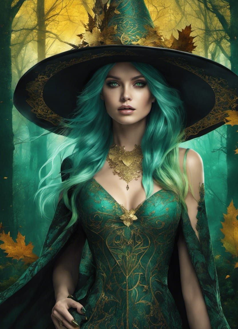 Noir Witch with Turquoise Eyes in Autumn Forest