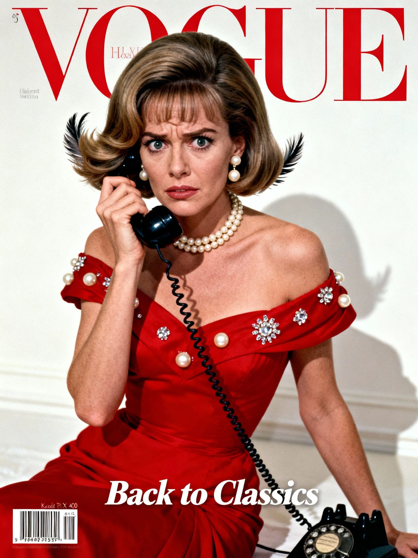 1970s Vogue Cover: Terrified Woman in Red Gown with Rotary P...