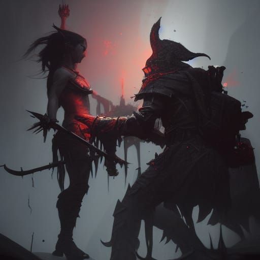 Dark Elf Stabbing Orc in Dark Fantasy Style