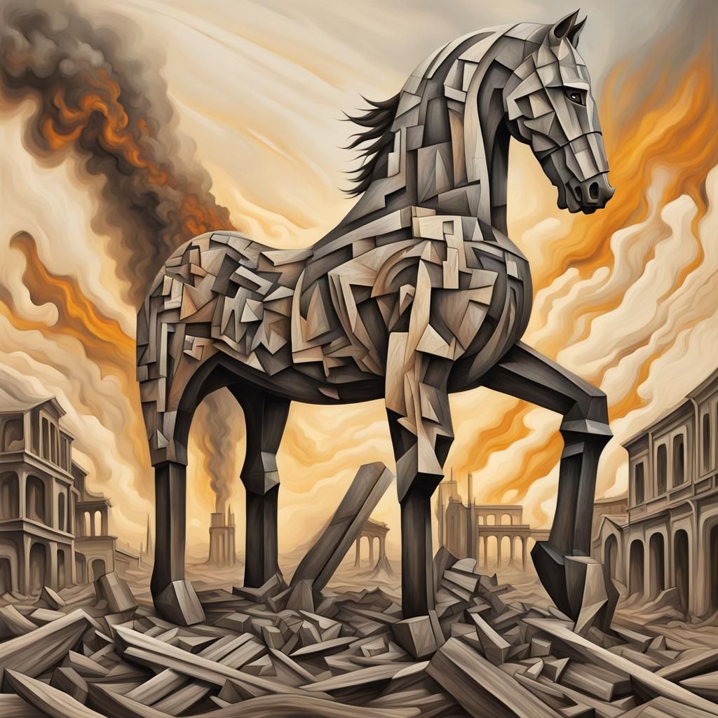 Surreal Trojan Horse in Burning City, Cubist Style