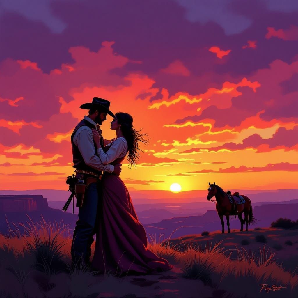 1800s Cowboy Romantic Sunset Embrace on Bluff