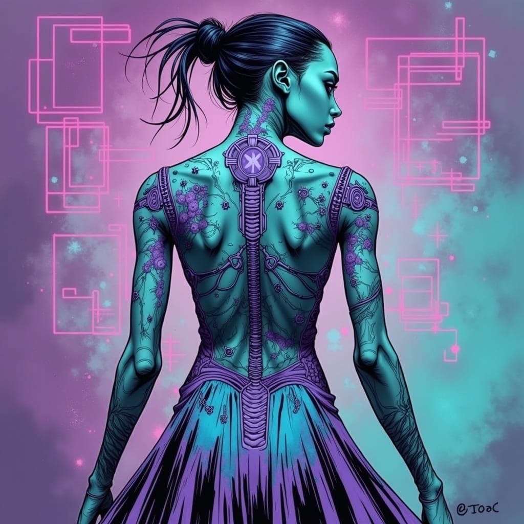Cyborg Goddess in Neon Kanji Gradient Dress