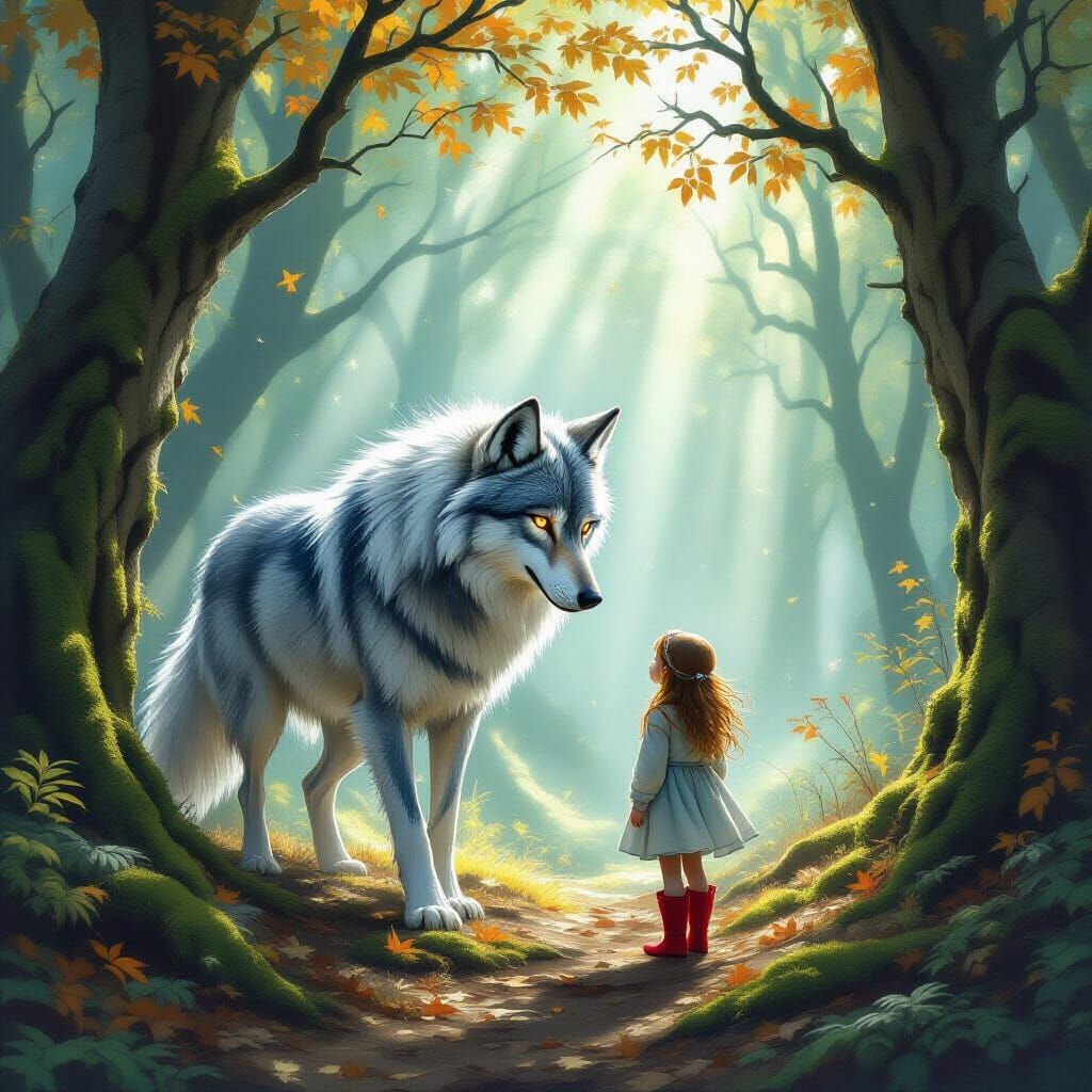 Ethereal Wolf Spirit Guides Girl Through Sun-Dappled Forest
