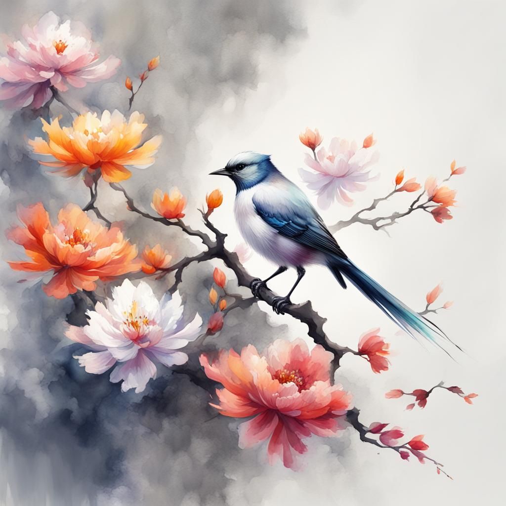Bird and Flowers in Chinese Brush Stroke Style